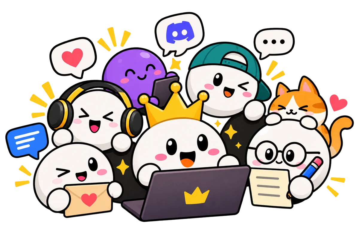 NiJo ball characters chatting on Discord around a laptop