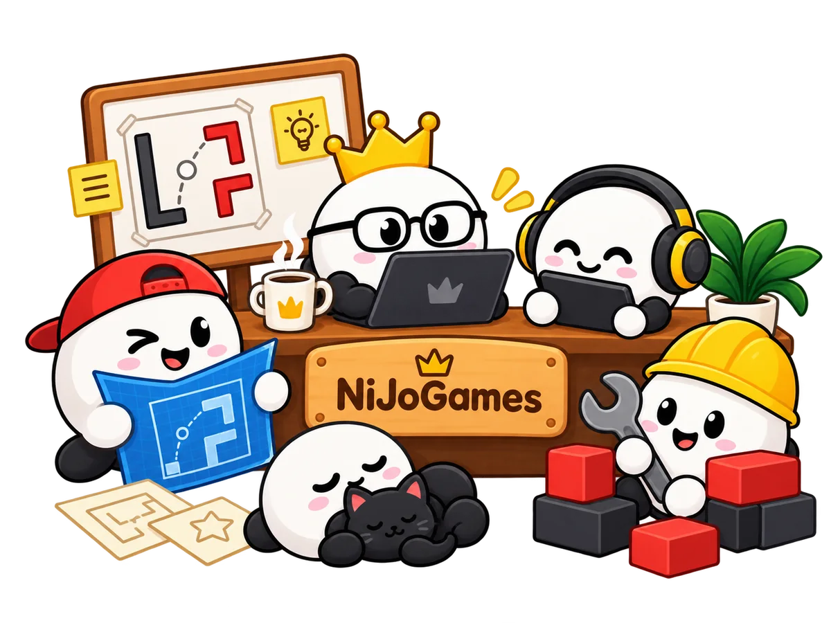 The NiJo Games team as ball characters working at a NiJoGames desk